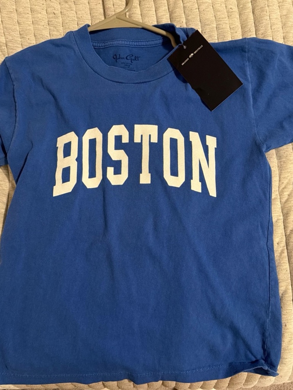 Brandy Melville Blue Tee with White Boston Graphic